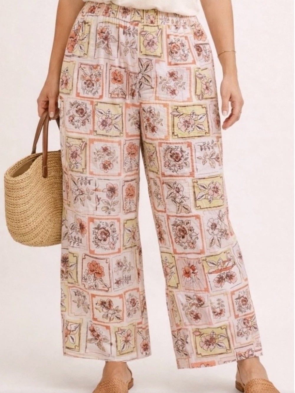 NWT Joie "💯% Linen Floral🌺🌸Tile Print Wide-Leg Cropped AnklePants" Cream🍦 • XL